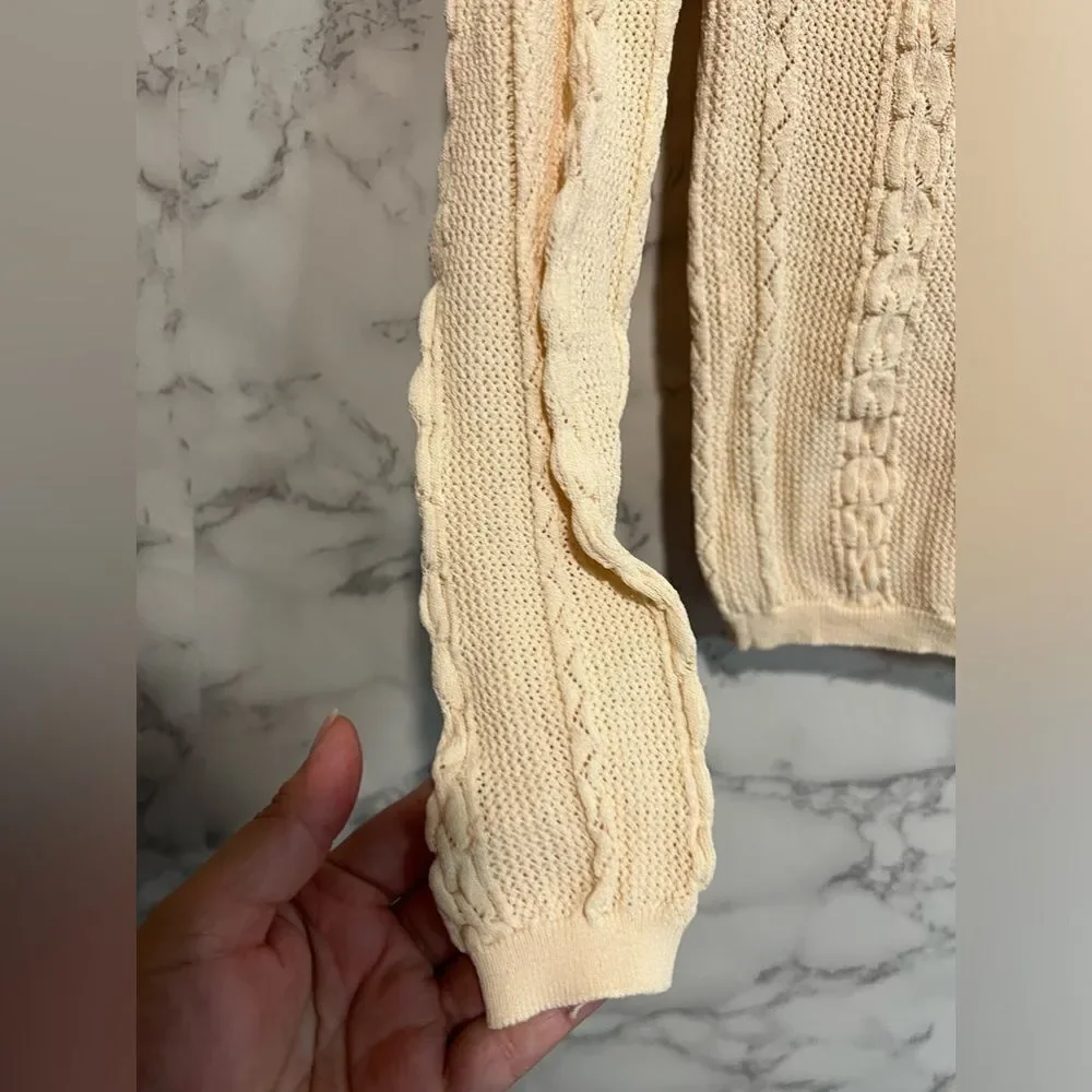 Zara Knit Peach Cream Loose Cable Knit Top 1/4 Button Long Sleeve Size M